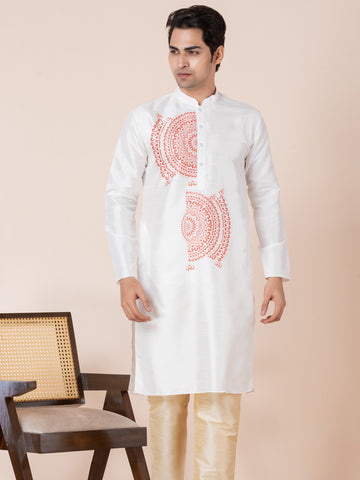 Mens White Printed Kurta Pyjama Set