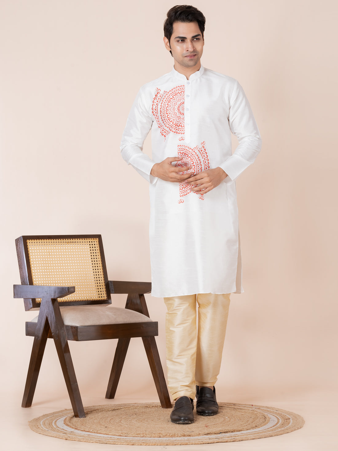 Men's White Art Silk Kurta Set – Printed