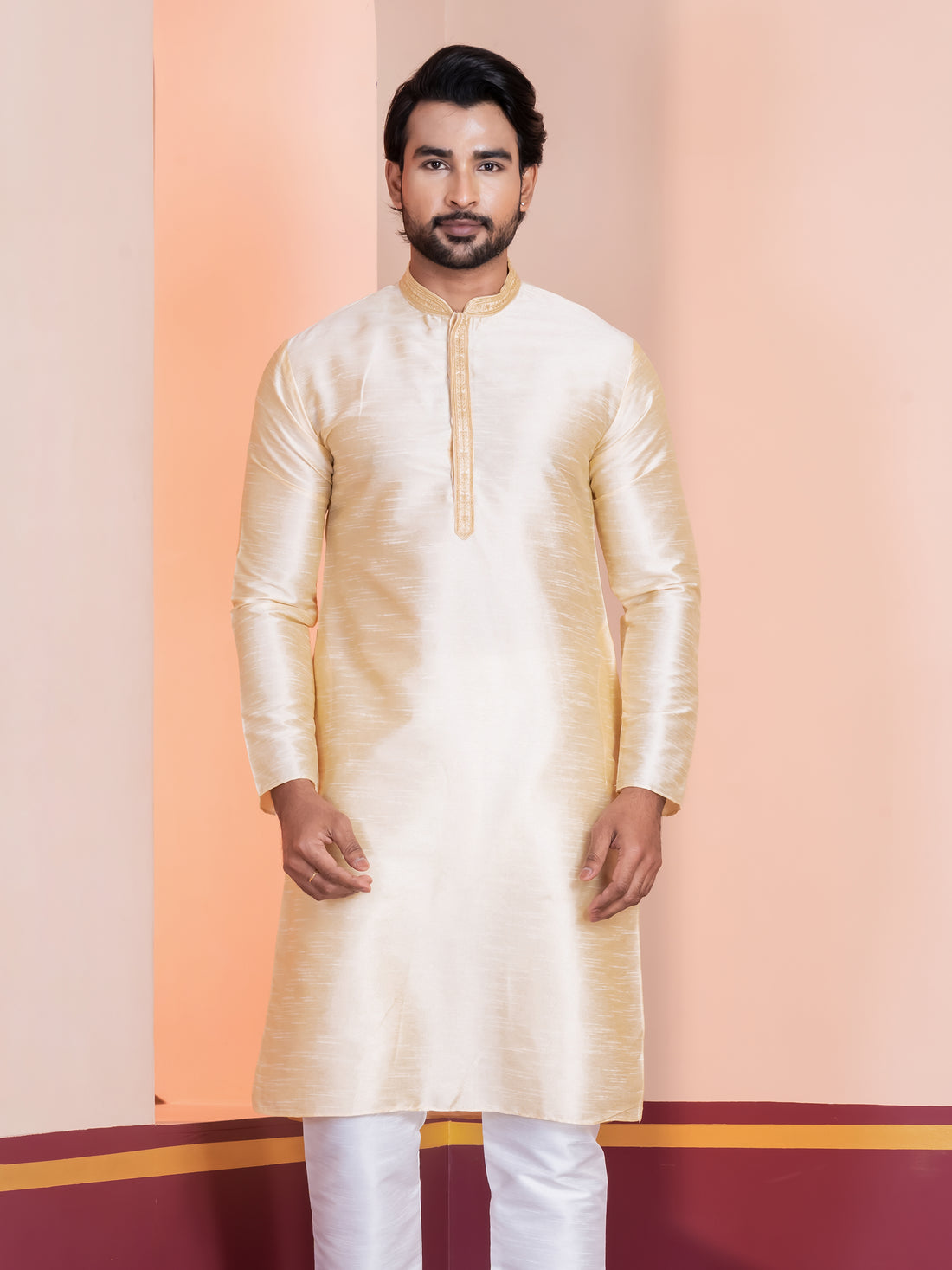 Woven Design Mandarin Collar Thread Work Straight Kurta With Pyjama Set
