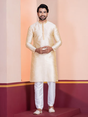 Woven Design Mandarin Collar Thread Work Straight Kurta With Pyjama Set