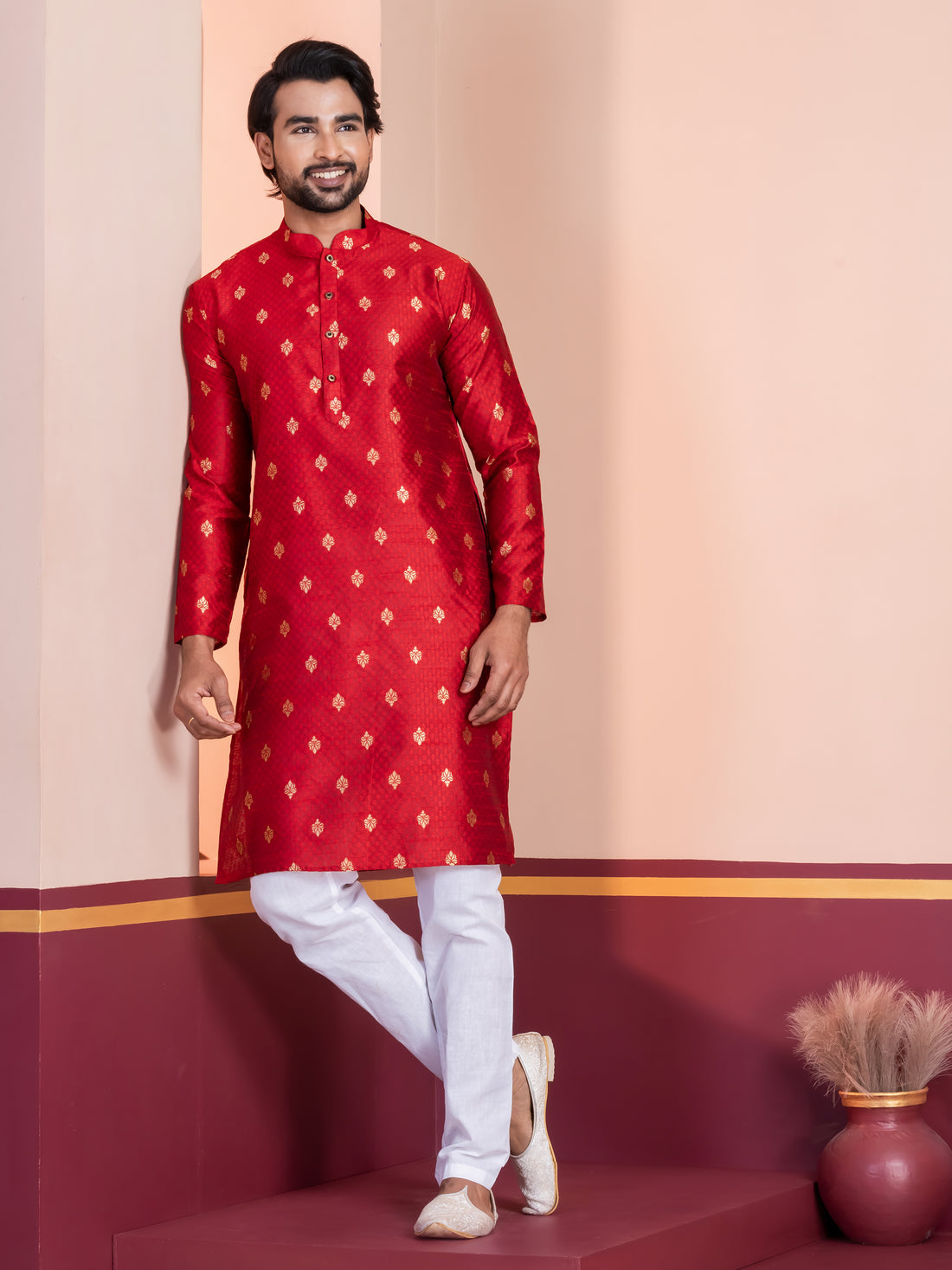 Men Mandarin Collar Jacquard Kurta with Pyjama