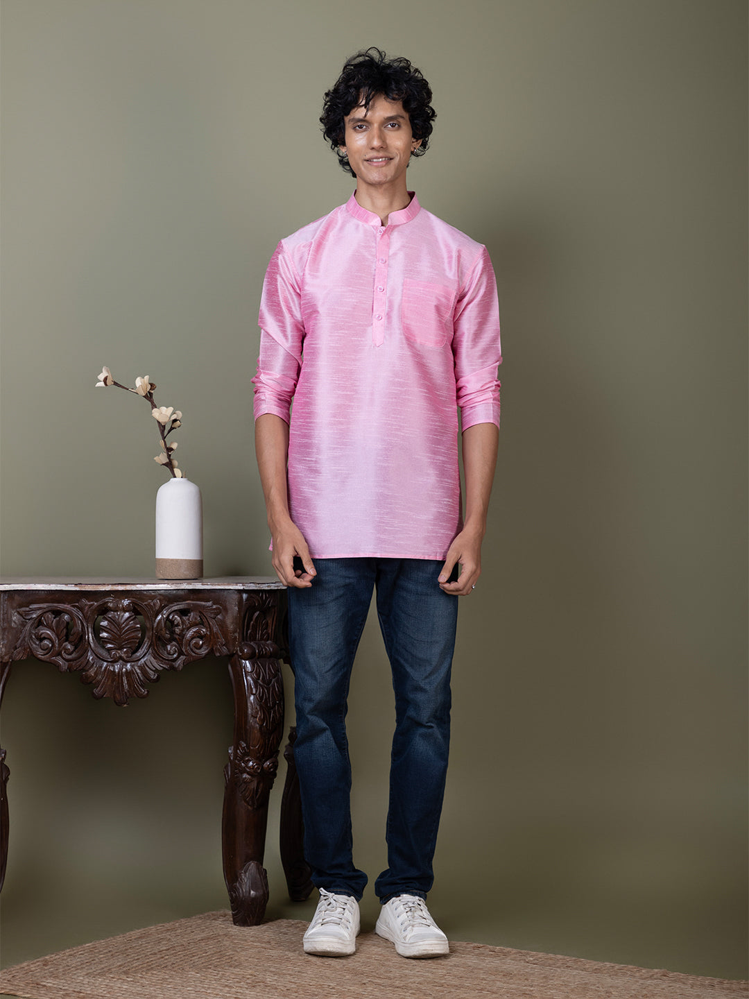 [DPS] Men's Pink Solid Art Silk Short Kurta