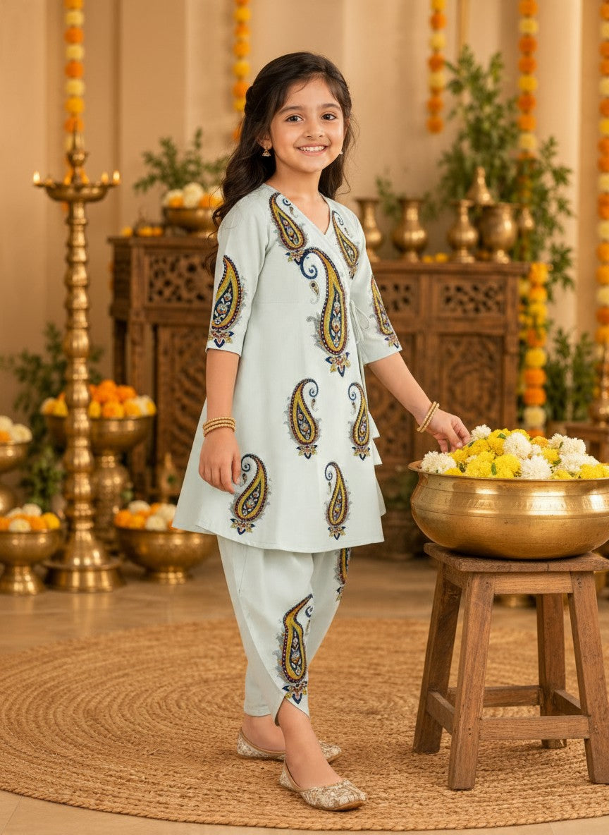 Girls' Sky Blue Cotton Kurti with Tulip pant Set – Printed