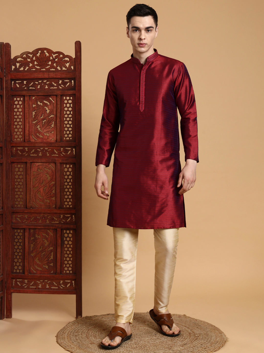 [J] Men's Maroon Self Design Embroidered Jacquard Kurta Set