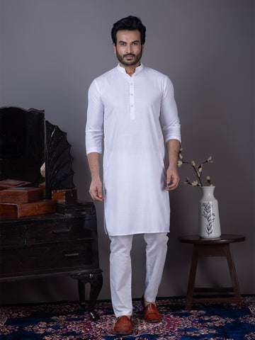 [MG] Men's White Solid Cotton Kurta Set