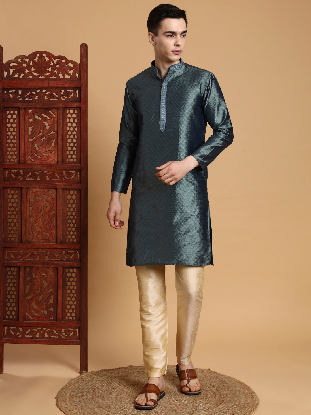 [J] Men's Teal Self Design Embroidered Jacquard Kurta Set