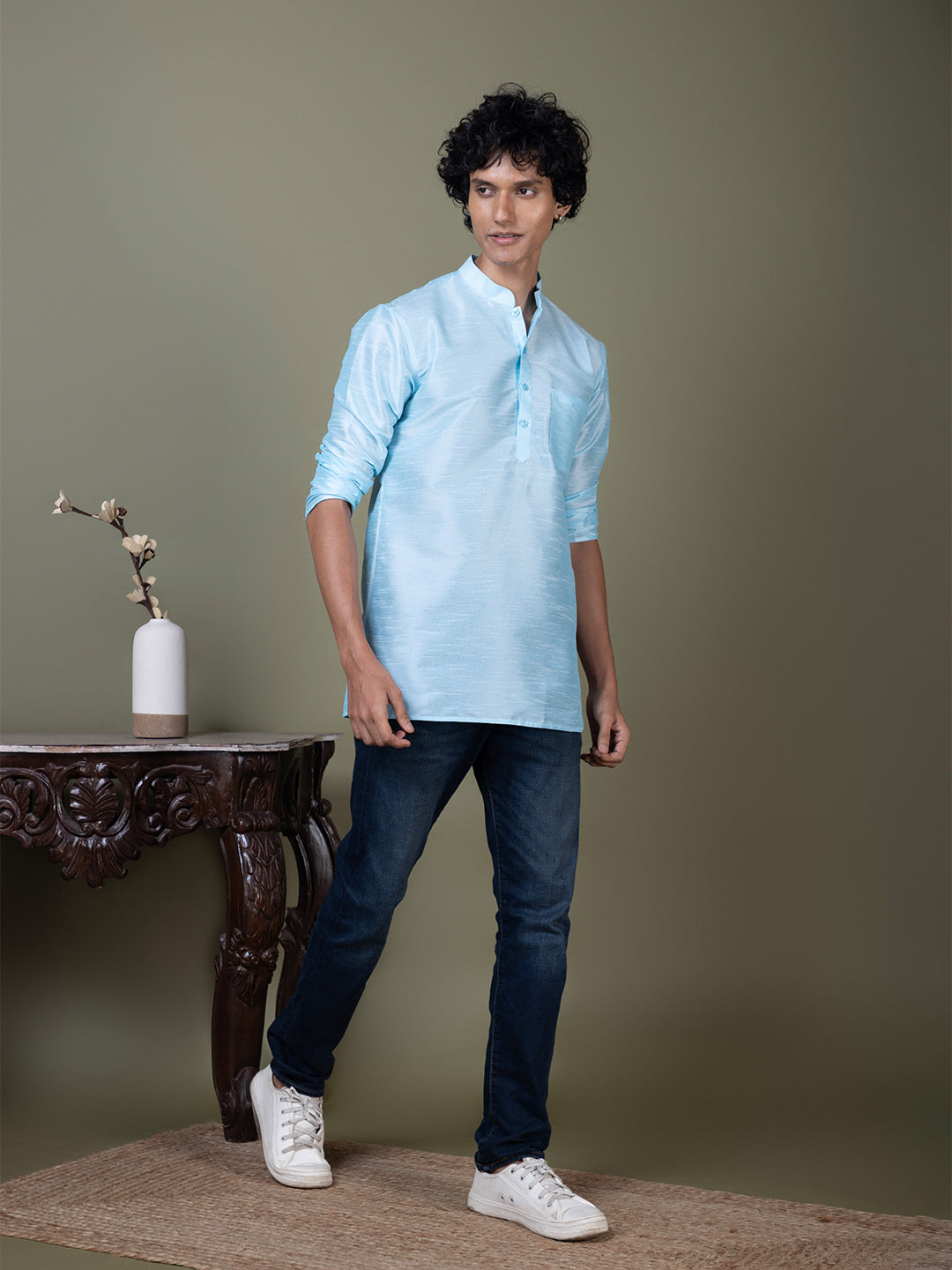 [DPS] Men's Light Blue Solid Art Silk Short Kurta
