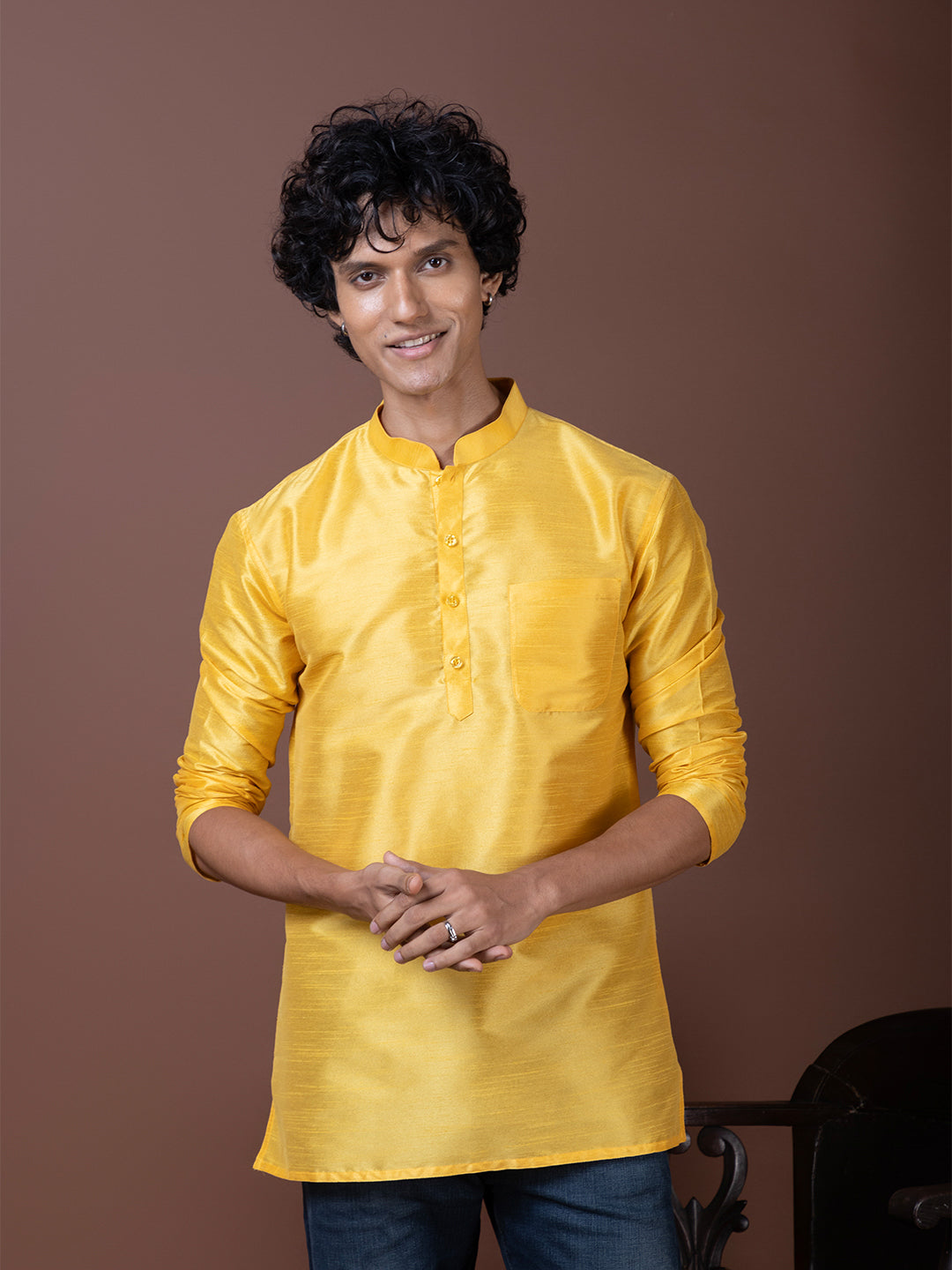 [DPS] Men's Yellow Solid Art Silk Short Kurta