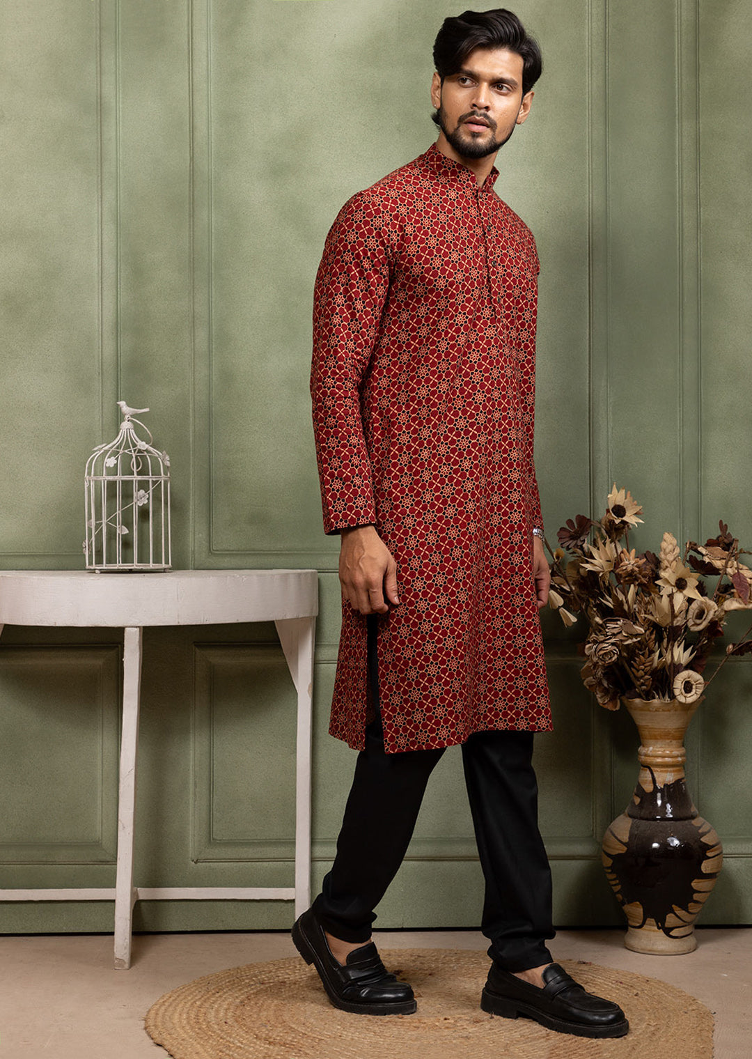 [RM] Men's Red Ajrakh Printed Pure Cotton Kurta Set