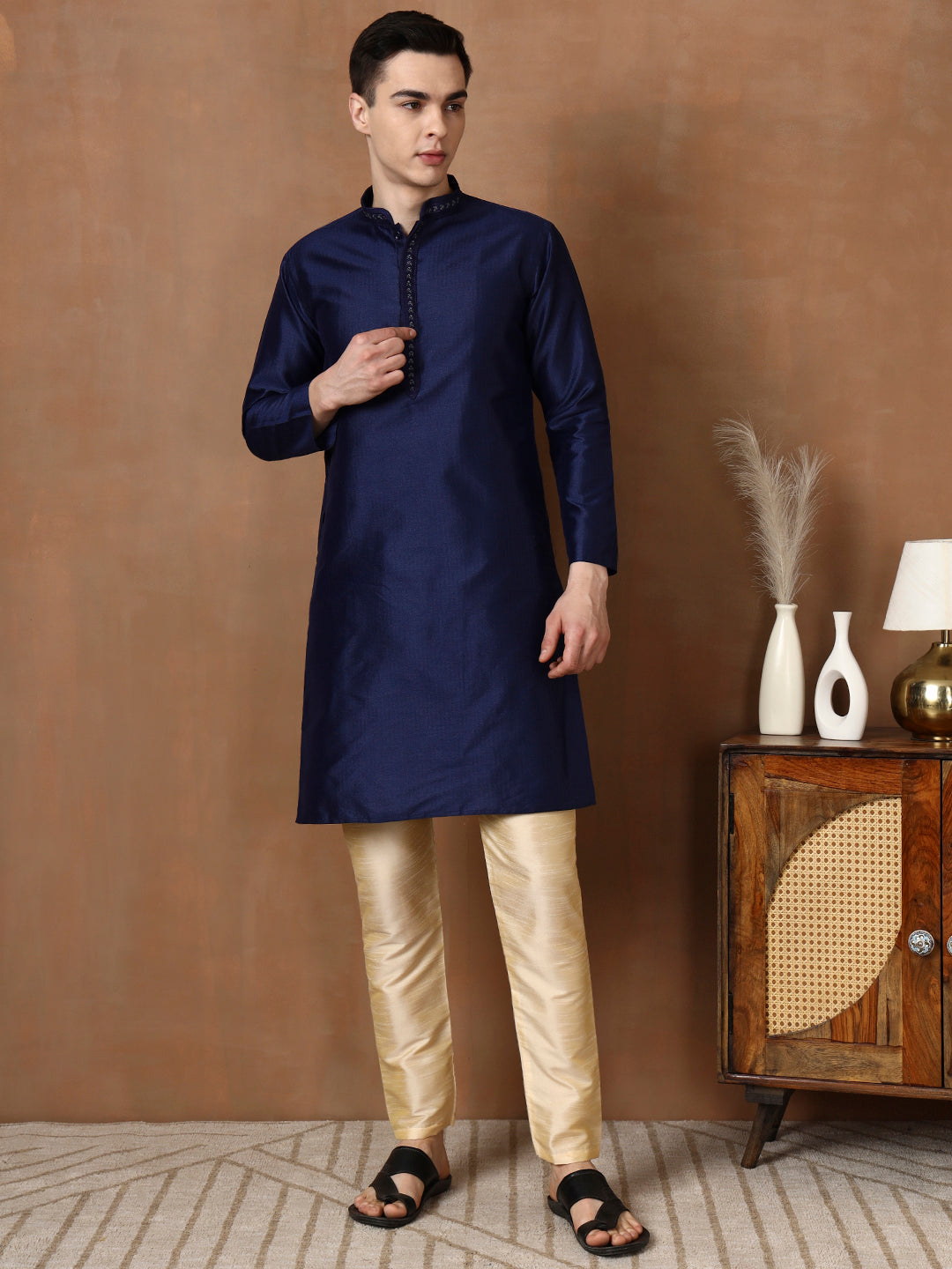 [J] Men's Navy Blue Self Design Embroidered Jacquard Kurta Set