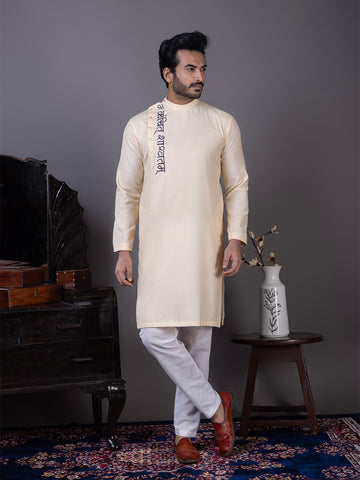 Men's Beige Cotton Kurta Set With Print