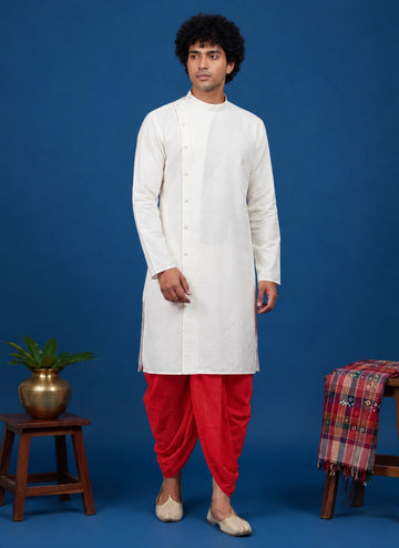 Men's White Cotton Kurta with Dhoti Set – Solid & Side Placket