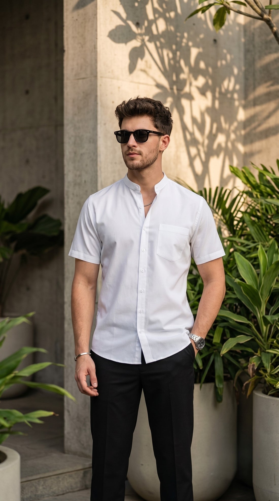 Men's White Cotton Shirt – Mandarin Collar