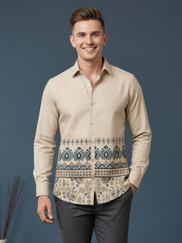 [DS-MGSP] Men's Beige Ethnic Printed Cotton Shirt