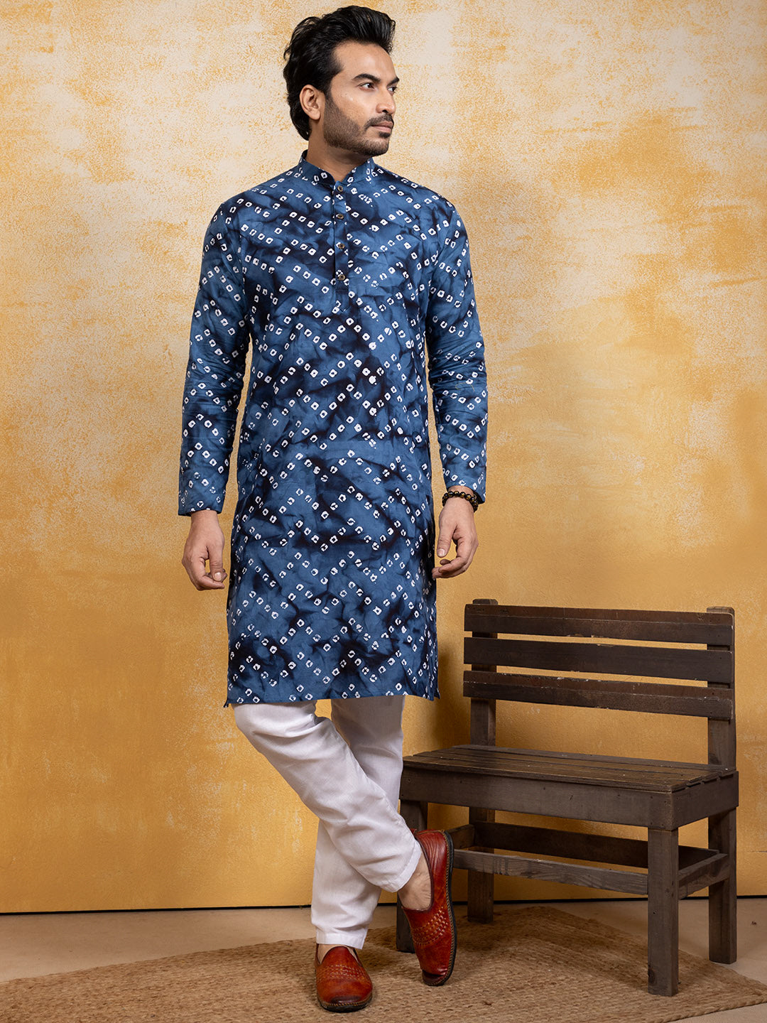 [RM] Men's Navy Blue Bandhani Printed Pure Cotton Kurta Set