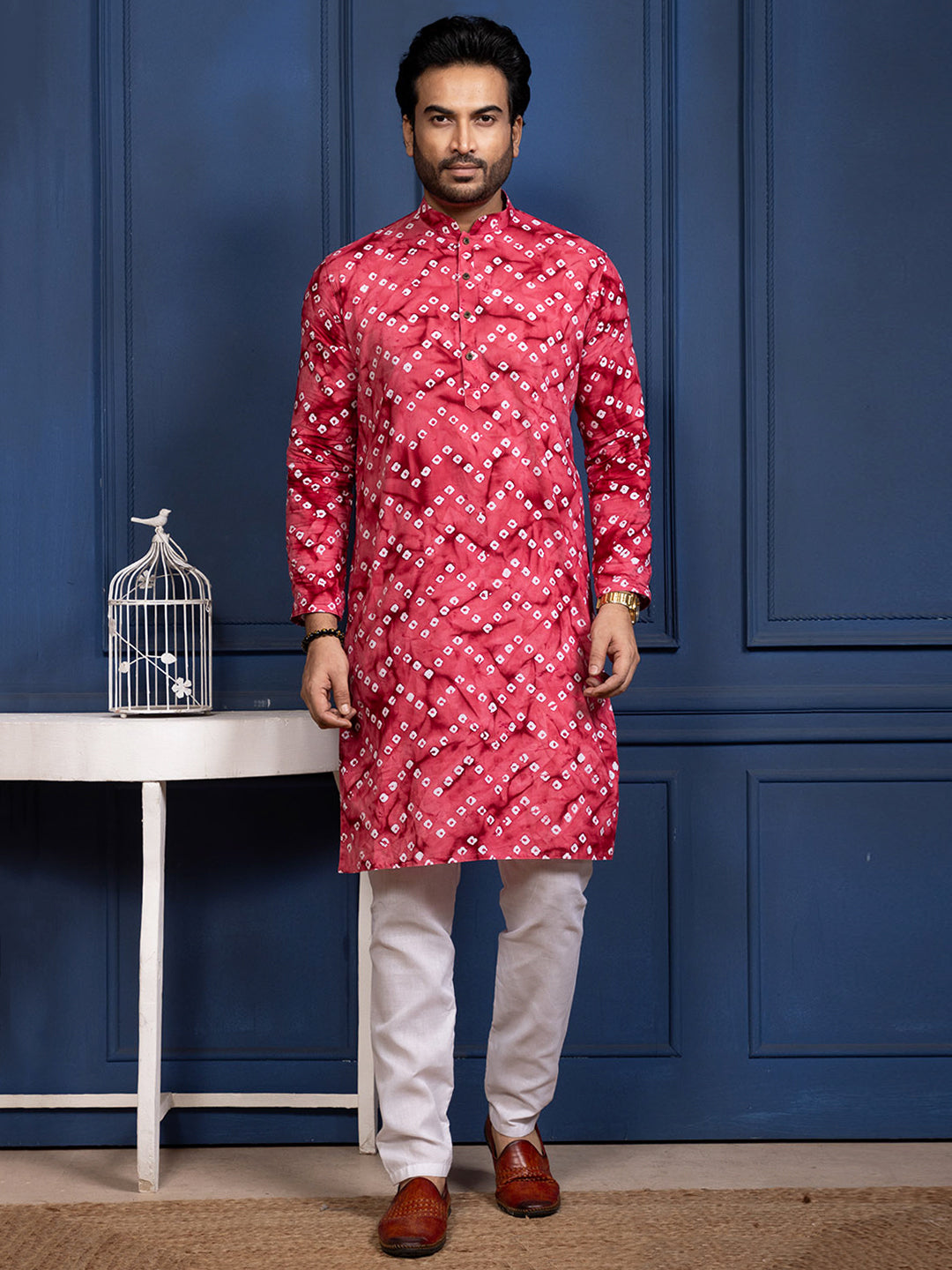 [RM] Men's Red Bandhani Printed Pure Cotton Kurta Set