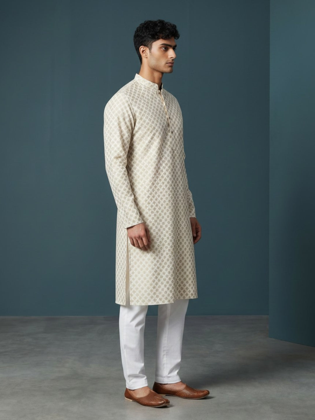 [PR] Men's Beige Ethnic Motif Cotton Kurta Set
