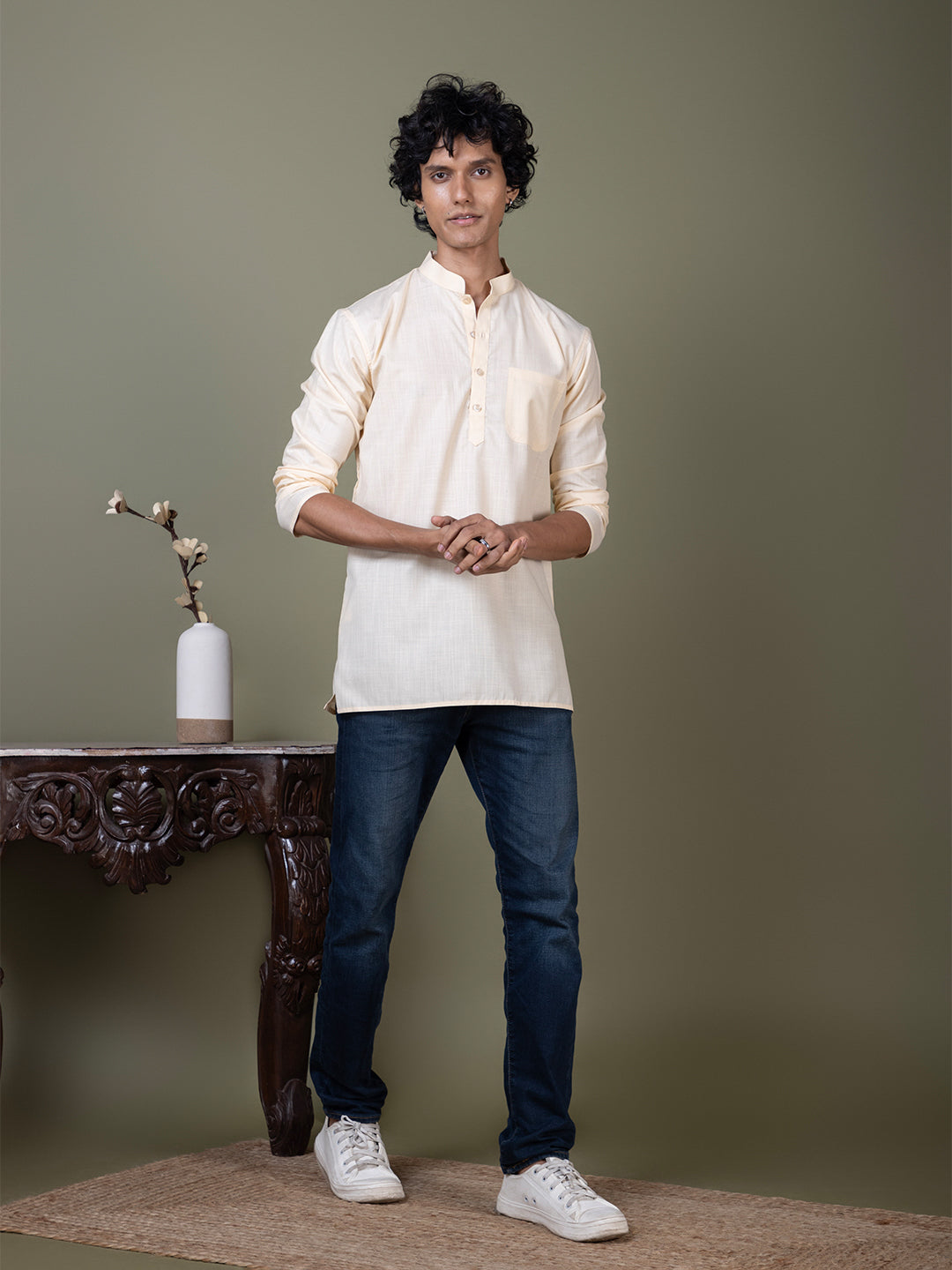 [MGS] Men's Beige Solid Cotton Short Kurta