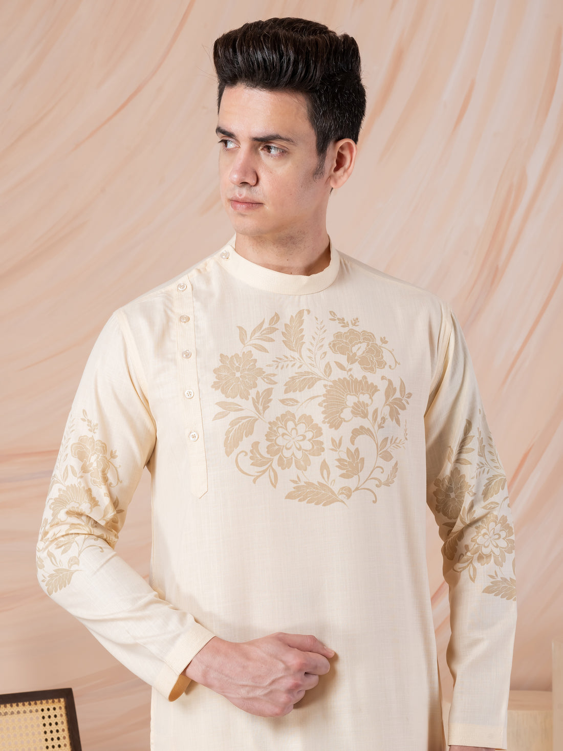 Mens Beige Side Placket Printed Kurta With Pyjama Set