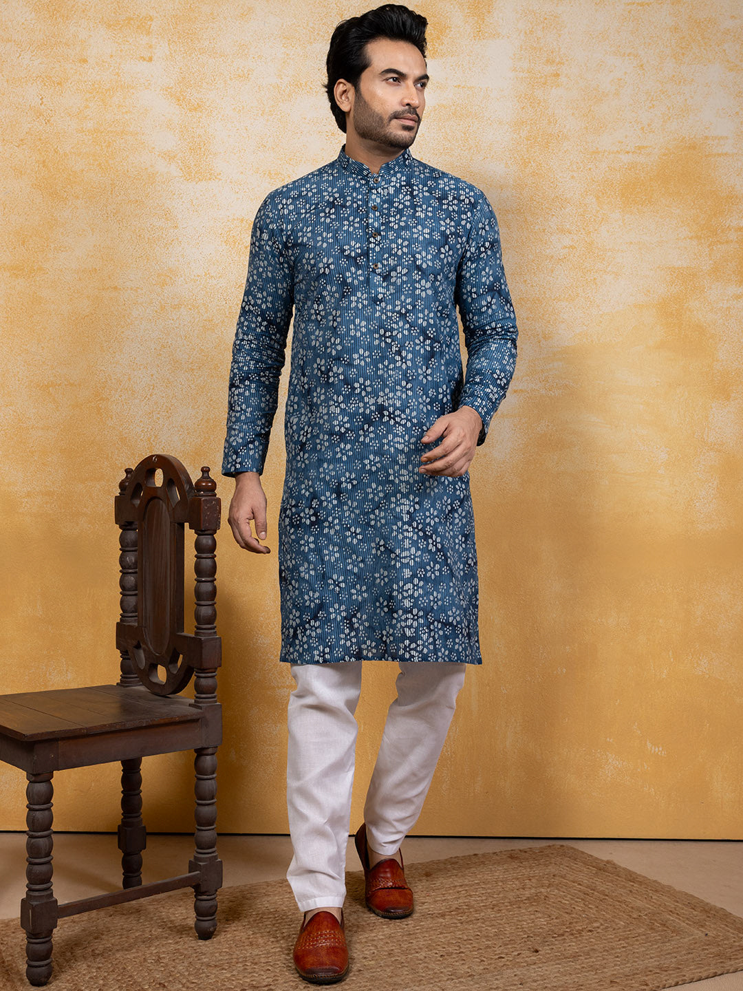 [RM] Men's Blue Ajrakh Printed Pure Cotton Kurta Set