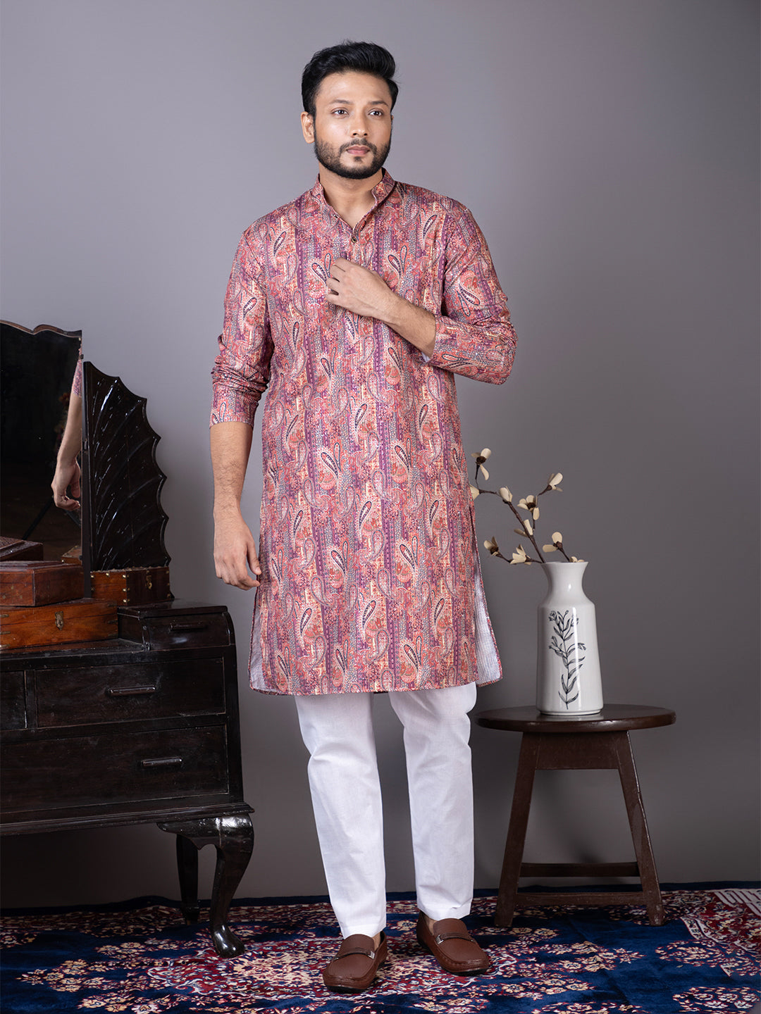 [KK-V1] Men's Pink Self Design Cotton Silk Kurta Set