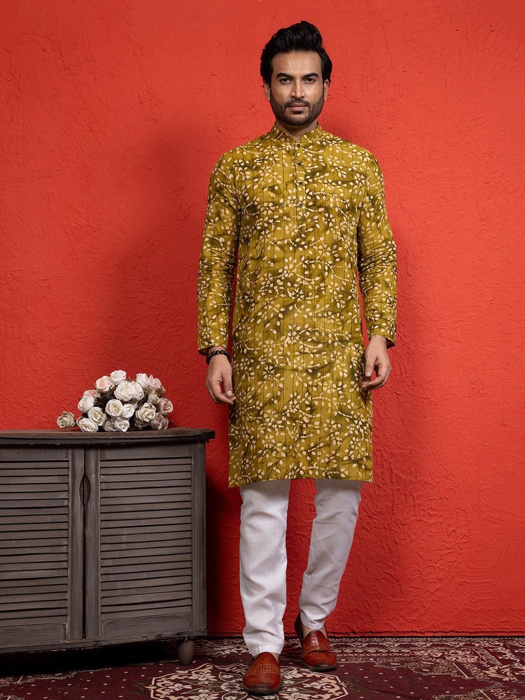 [RM] Men's Yellow Ajrakh Printed Pure Cotton Kurta Set