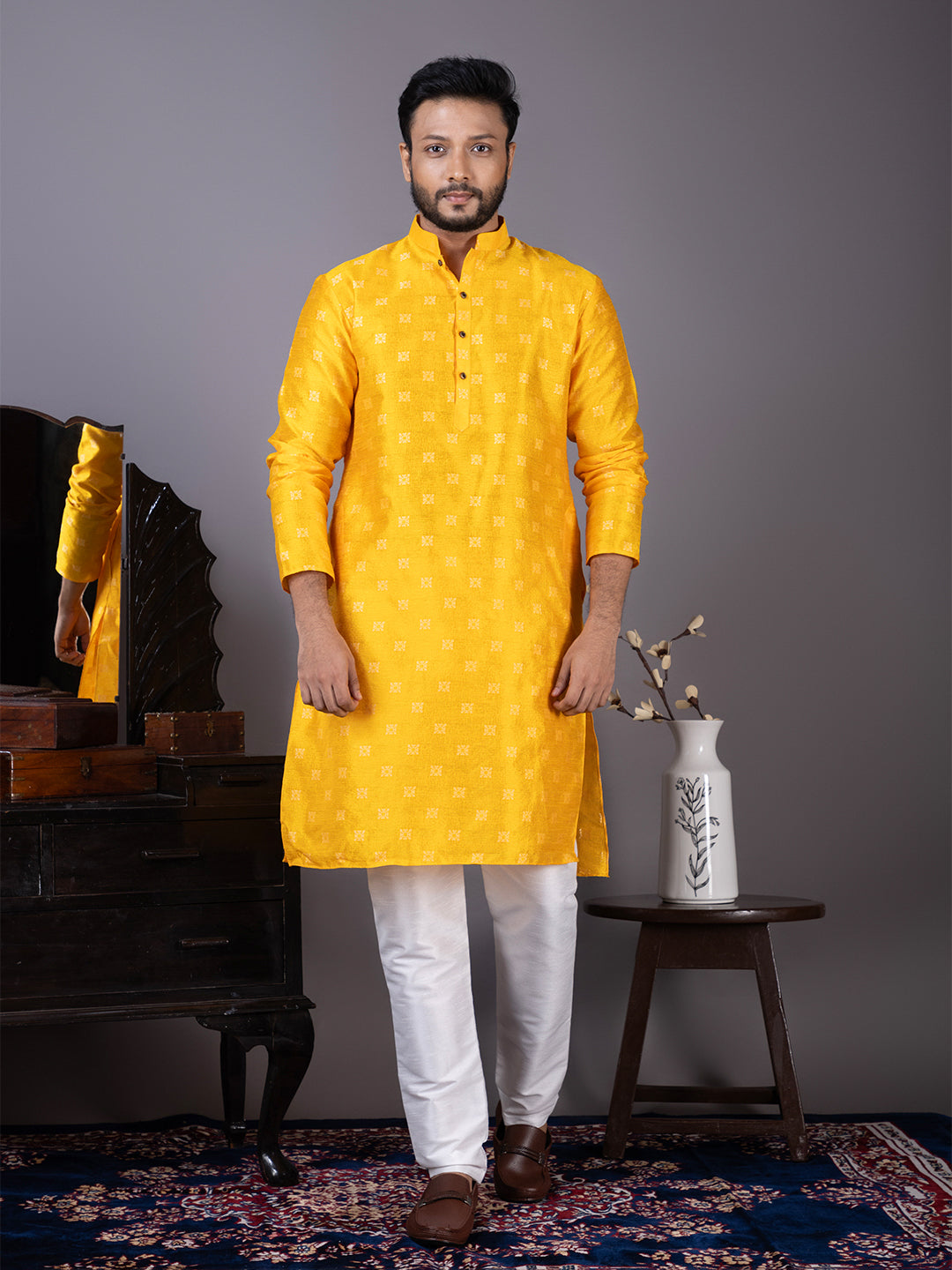 Men Mandarin Collar Jacquard Kurta with Pyjama