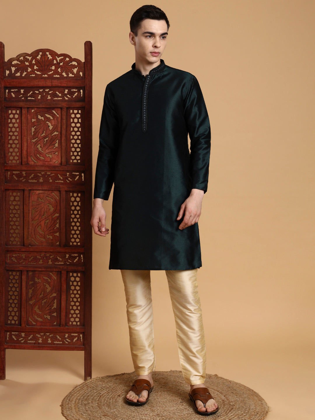 [J] Men's Navy Green Self Design Embroidered Jacquard Kurta Set