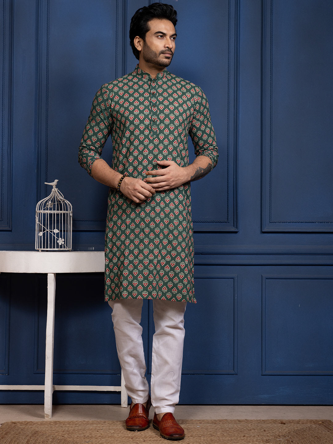 [RM] Men's Green Ajrakh Printed Pure Cotton Kurta Set