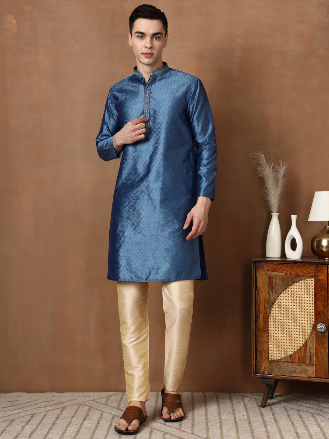[J] Men's Blue Self Design Embroidered Jacquard Kurta Set