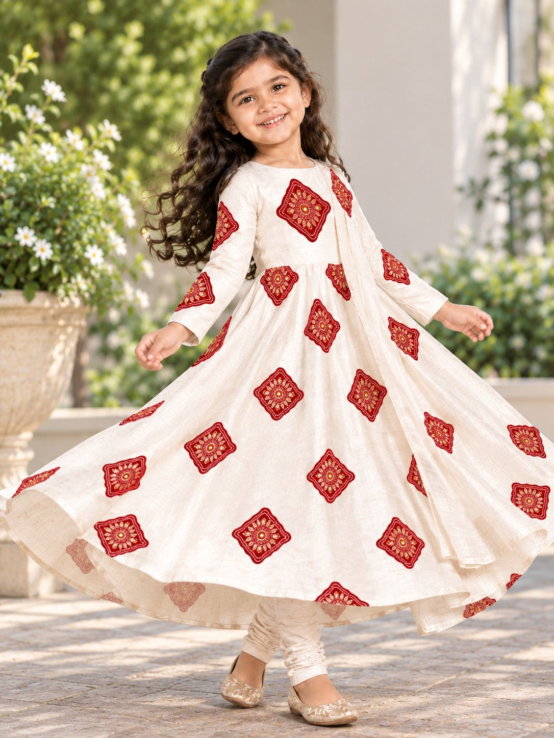 Girls' Off-White Art Silk Kurti and Churidar Pant Set – Printed