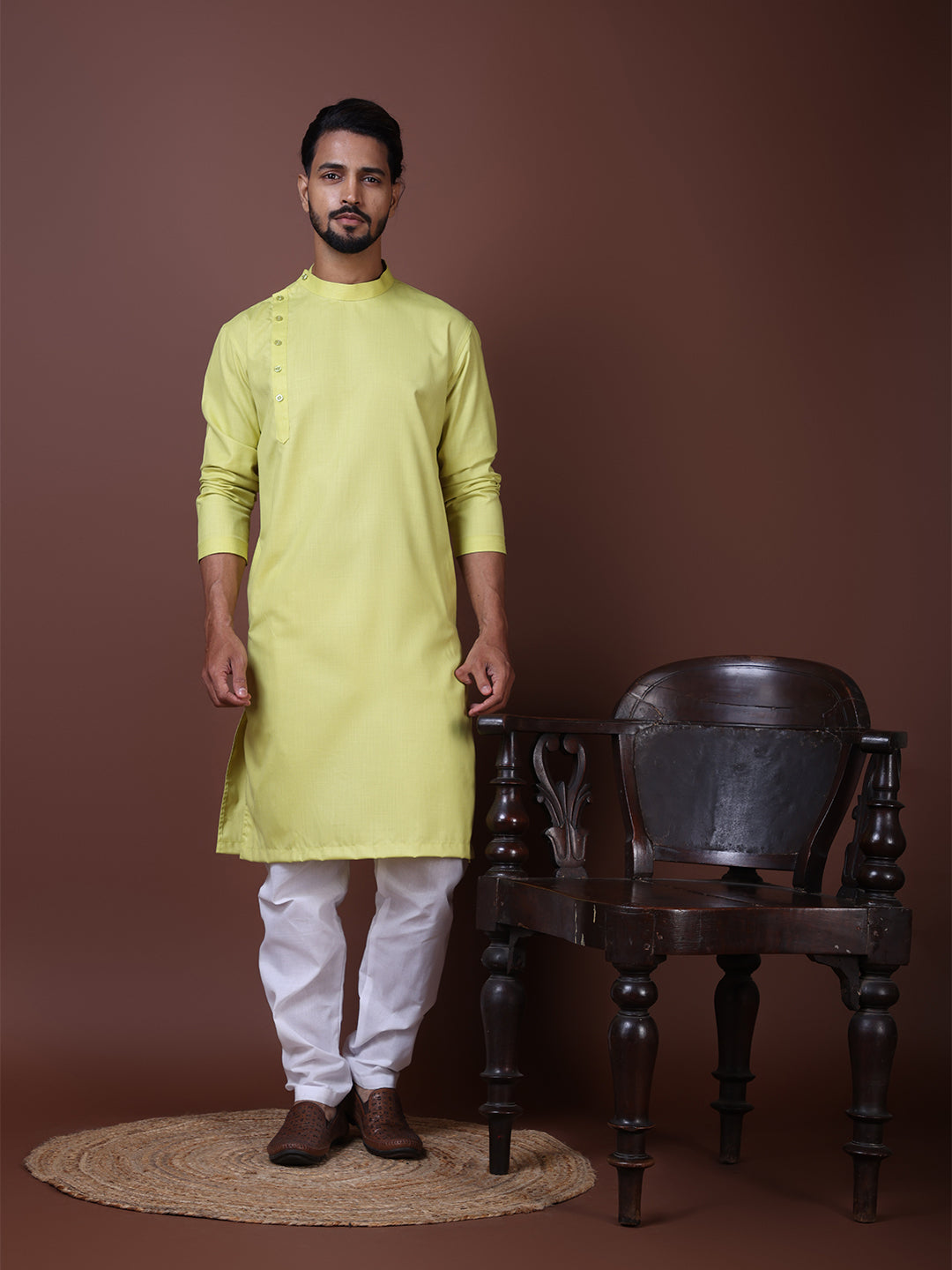 [MG-B] Men's Lime Green Side Placket Cotton Kurta Set