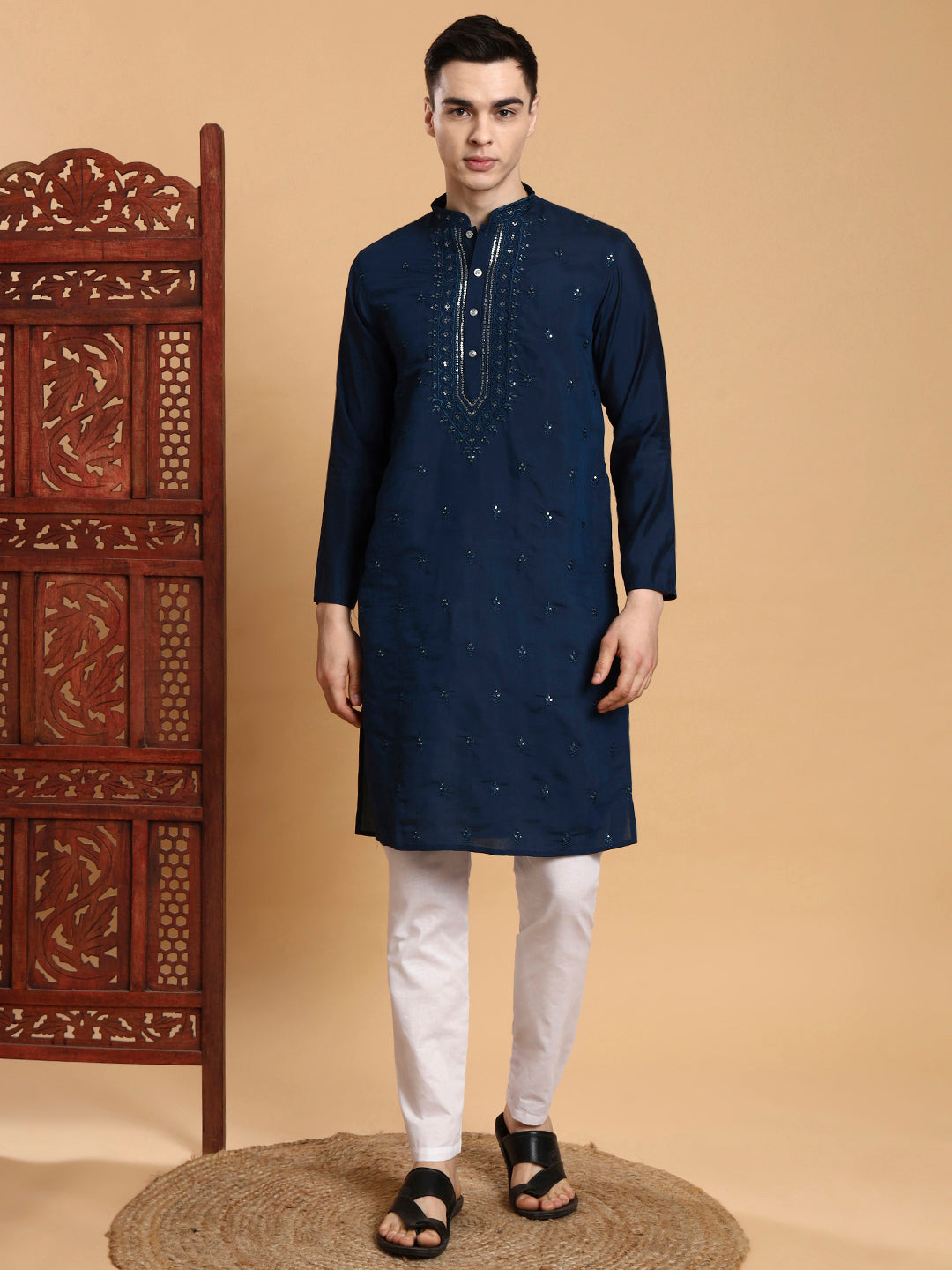 [MDE] Men's Navy Blue Mirror & Thread Work Modal Silk Kurta Set