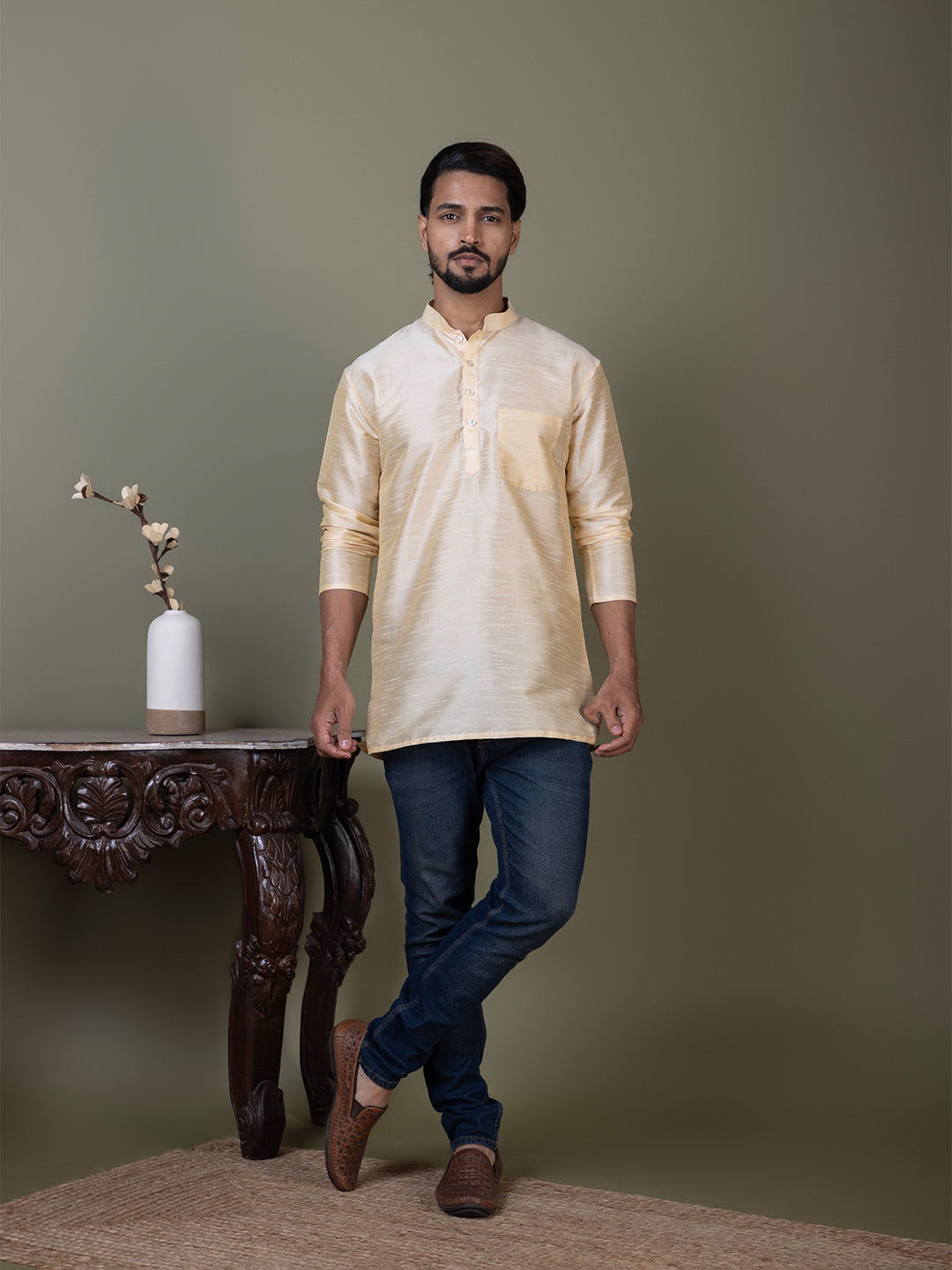 [DPS] Men's Beige Solid Art Silk Short Kurta