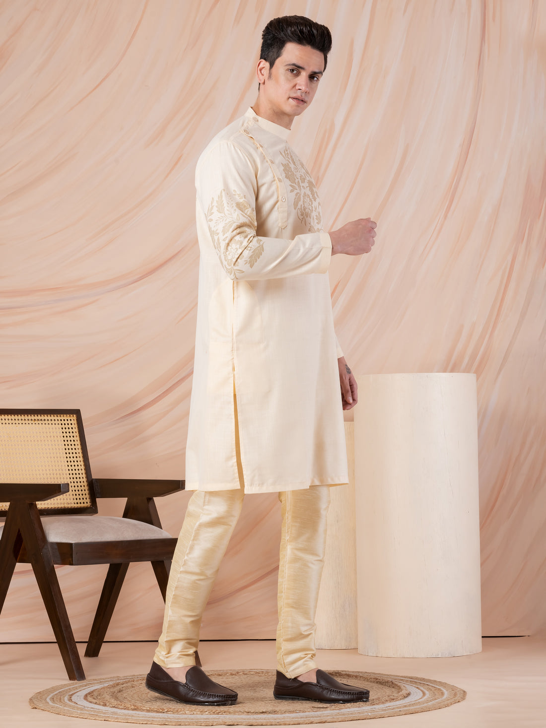 Men's Beige Cotton Kurta Set – Ethnic Print & Side Placket