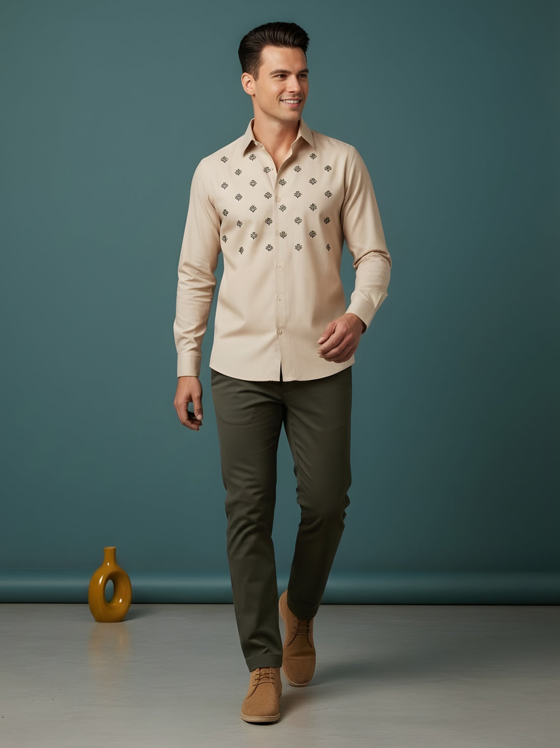 [DS-MGSP] Men's Beige Ethnic Printed Cotton Shirt