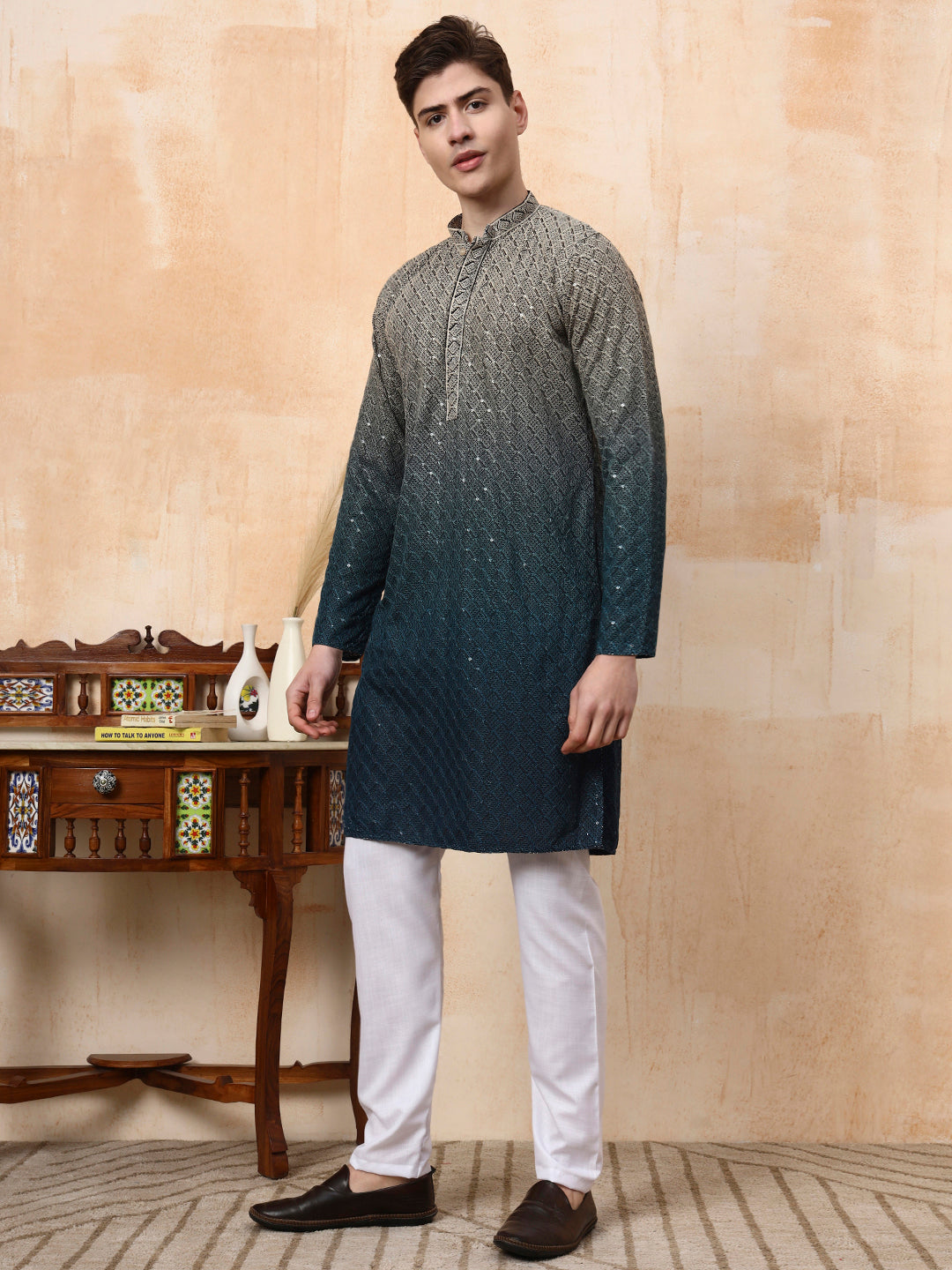 [BR] Men's Ombre Embellished Viscose Rayon Kurta Set
