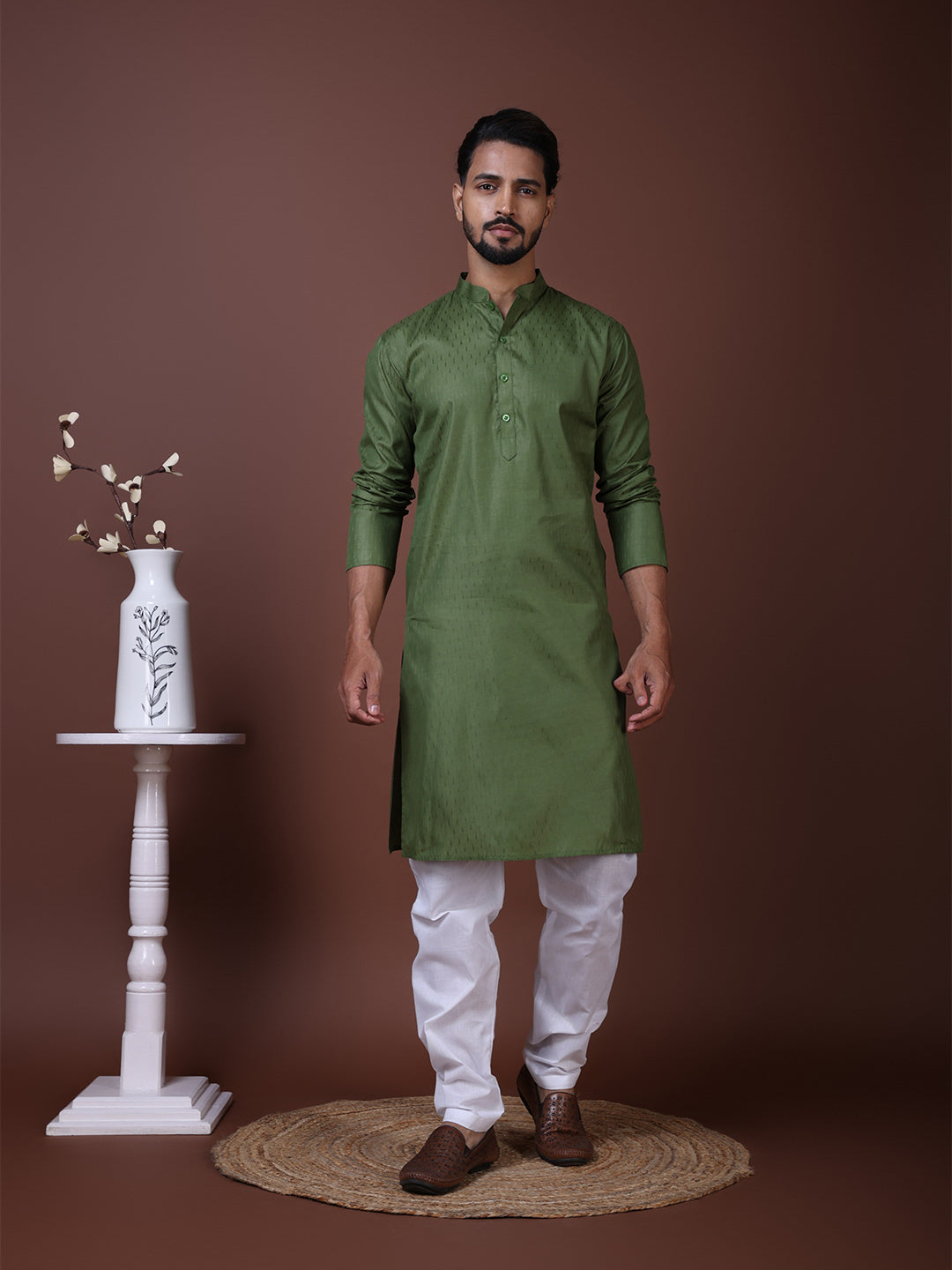 [SH] Men's Green Self Design Cotton Kurta Set