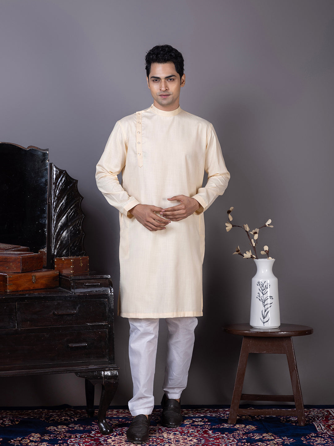 [MG-B] Men's Beige Side Placket Cotton Kurta Set