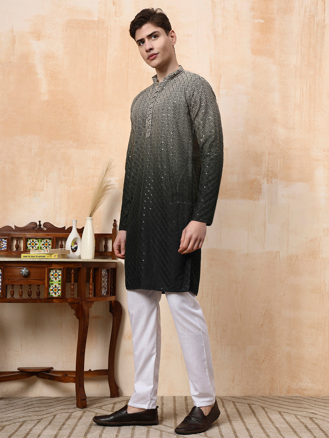 [BR] Men's Ombre Embellished Viscose Rayon Kurta Set