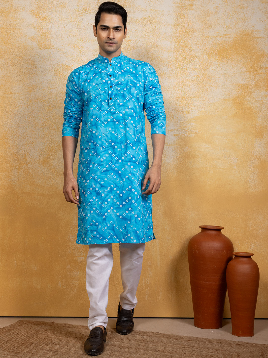 [RM] Men's Sky blue Bandhani Printed Pure Cotton Kurta Set