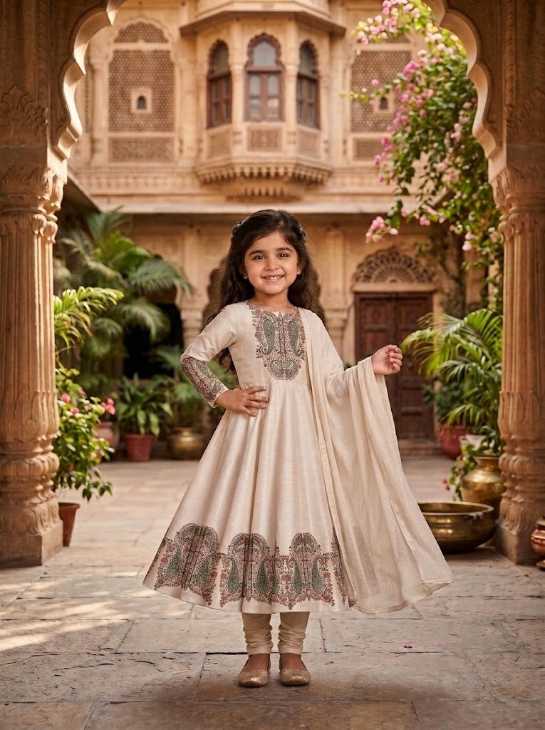 Girls' Off-White Art Silk Kurti and Churidar Pant Set – Printed