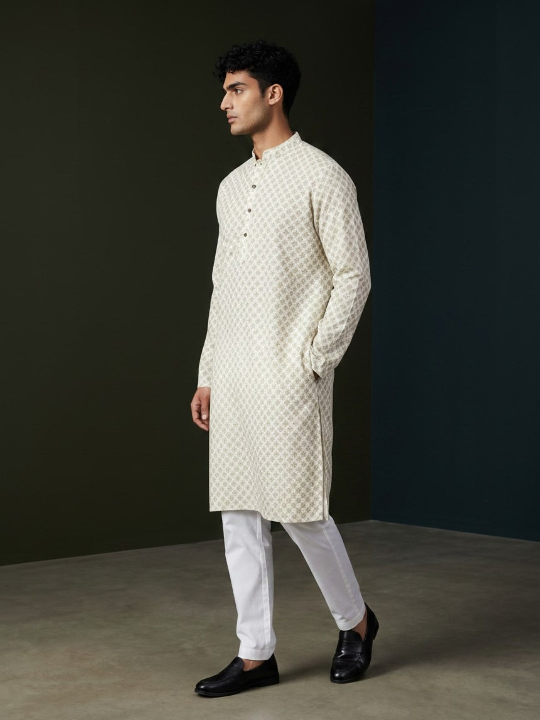 [PR] Men's Beige Ethnic Motif Cotton Kurta Set