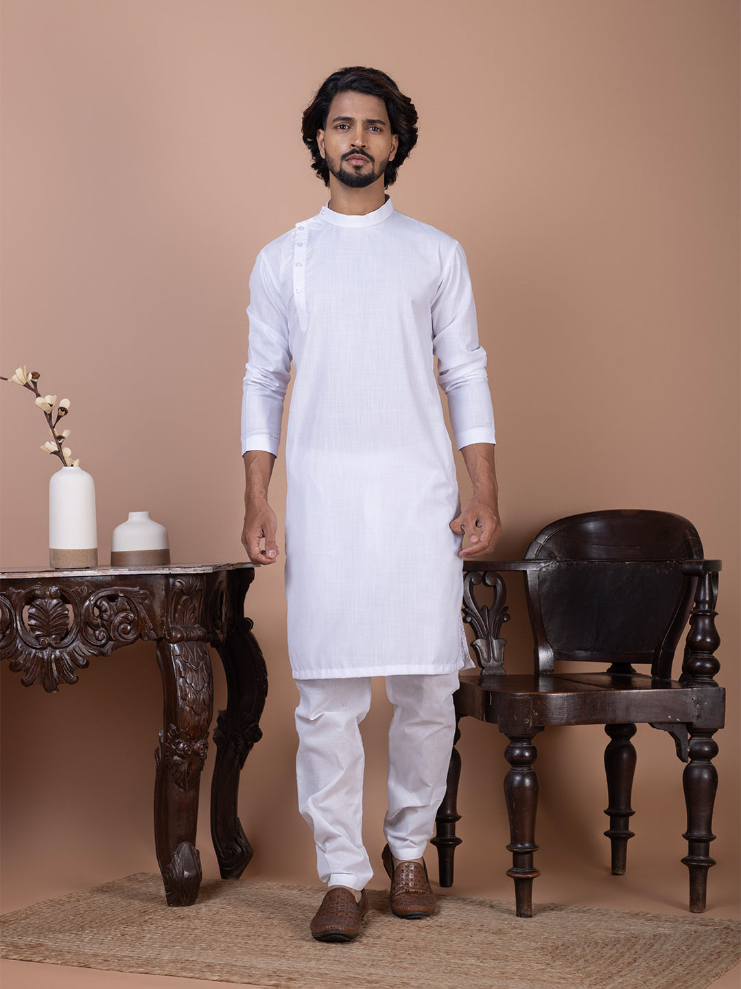 [MG-B] Men's White Side Placket Cotton Kurta Set