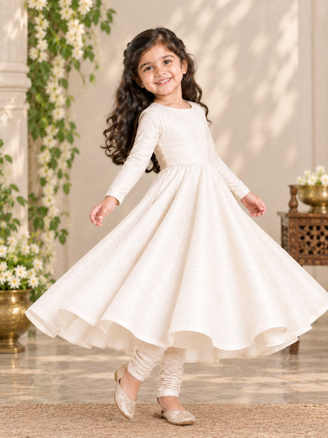 Girls' Off-White Art Silk Kurti and Churidar Pant Set – Solid
