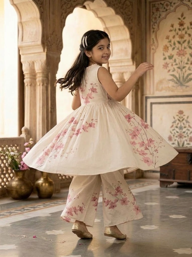Girls' Off-White Art Silk Kurti Palazzo Set – Printed