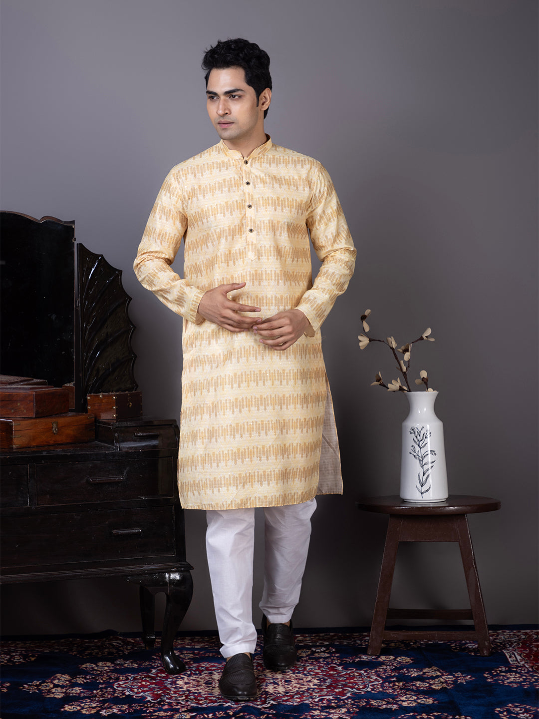 [SF] Men's Yellow Printed with Sequins Work Cotton Kurta Set