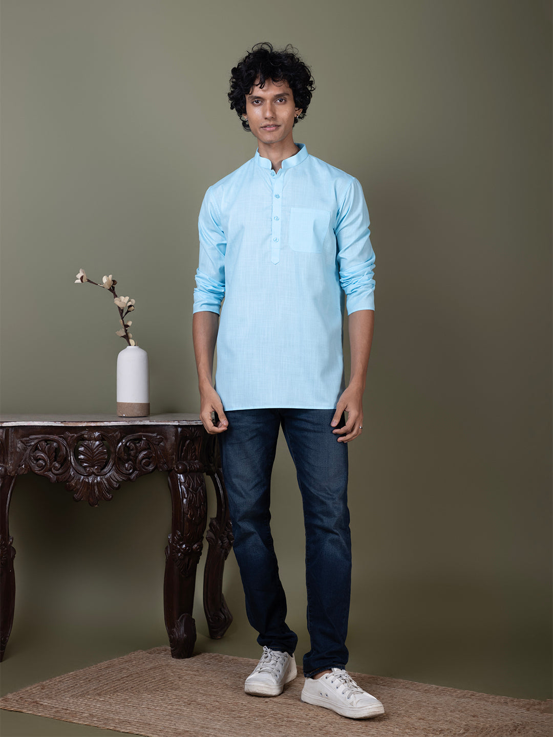 [MGS] Men's Sky Blue Solid Cotton Short Kurta