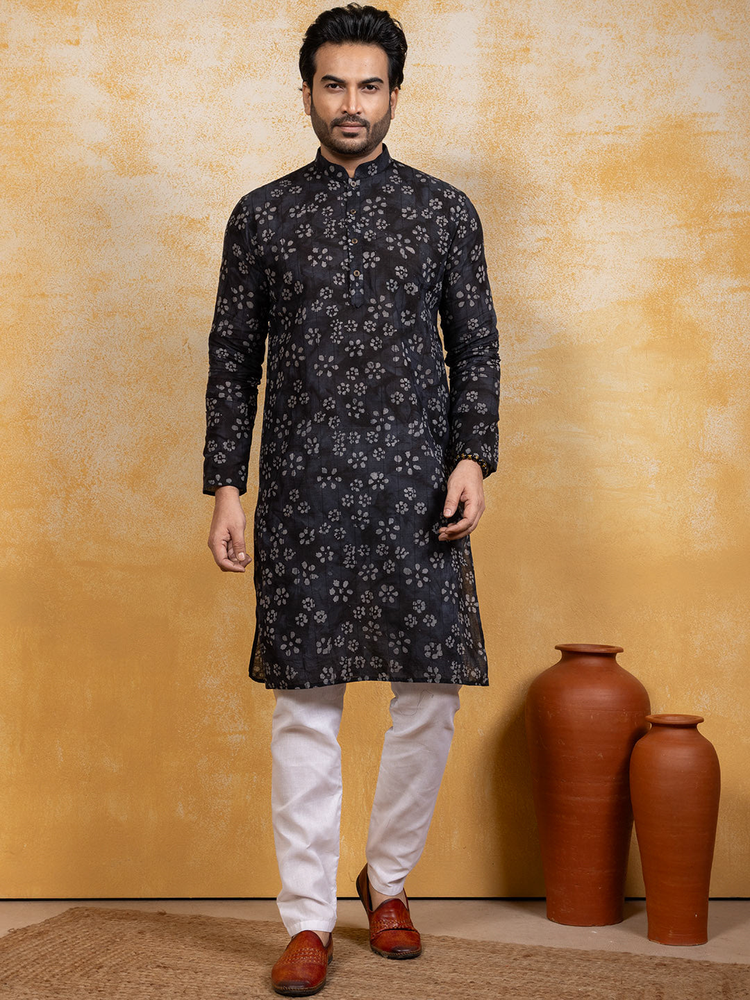 [RM] Men's Black Ajrakh Printed Pure Cotton Kurta Set