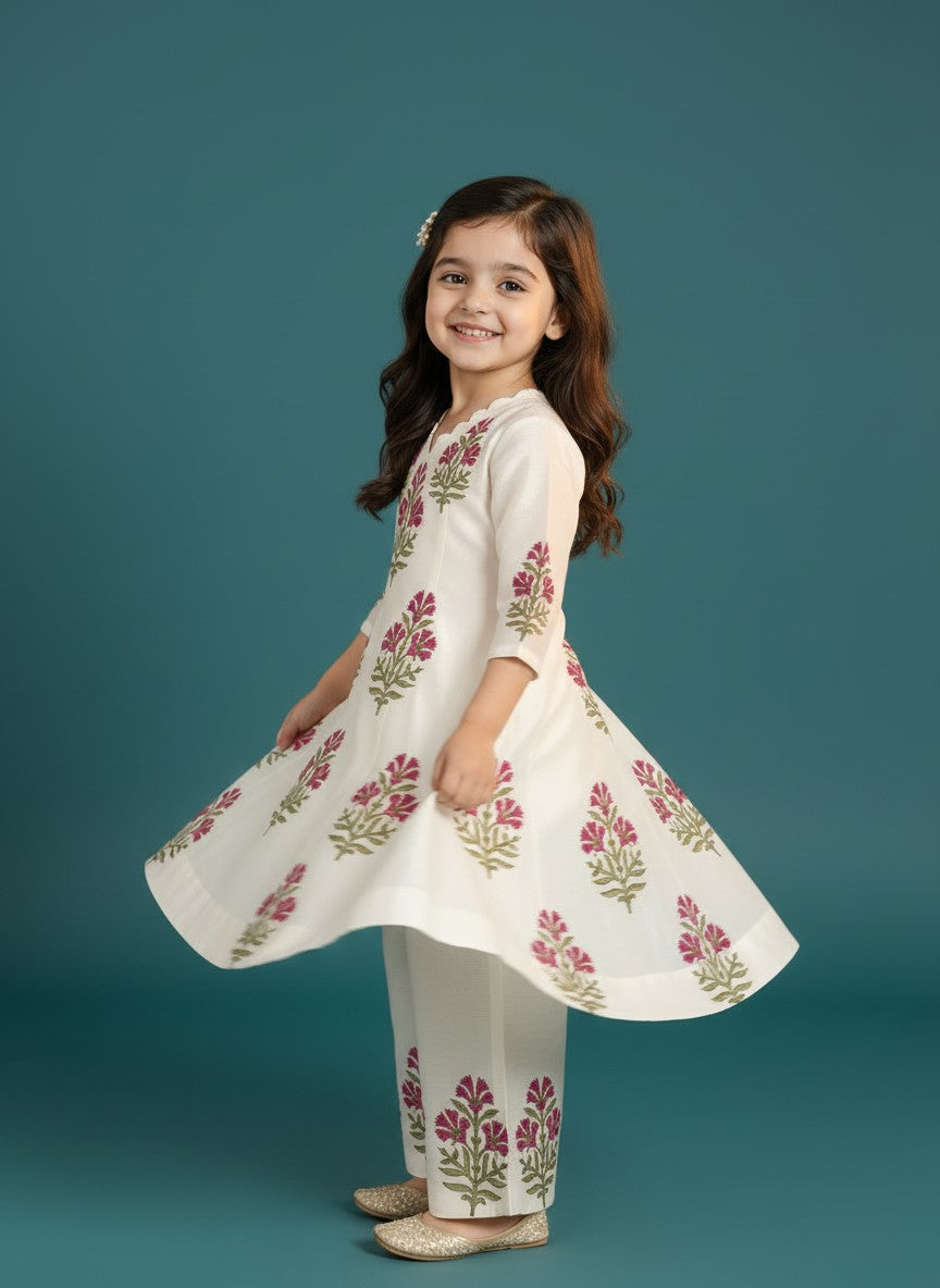 Girls' Off-White Art Silk Kurti Palazzo Set – Printed